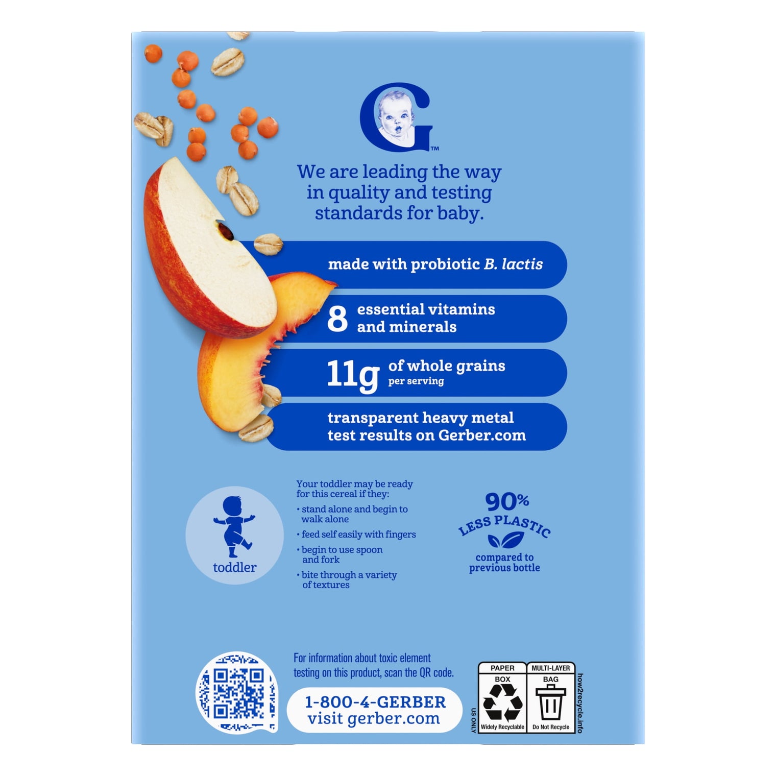Gerber Oatmeal & Fruit - Lentil Peach & Apple with Probiotic Oatmeal Cereal 8 oz(227g) - 12Months+