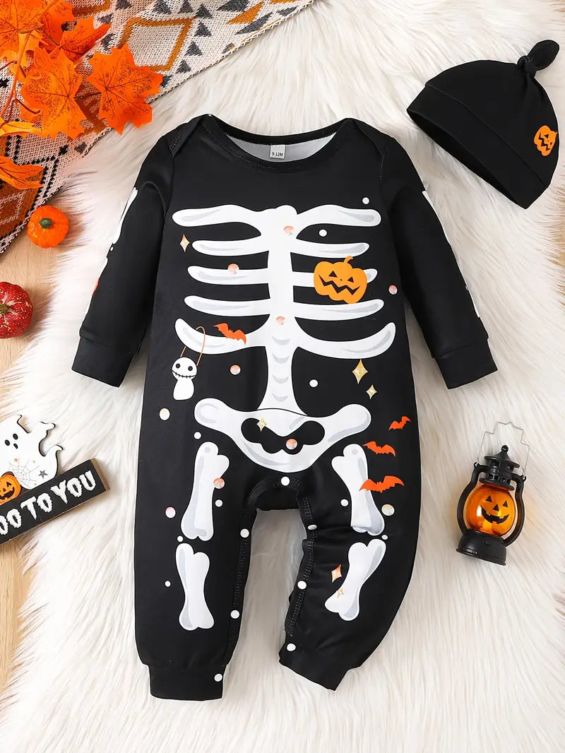 Round Neck Halloween Print Bodysuit with Hat for Baby Boys and Girls
