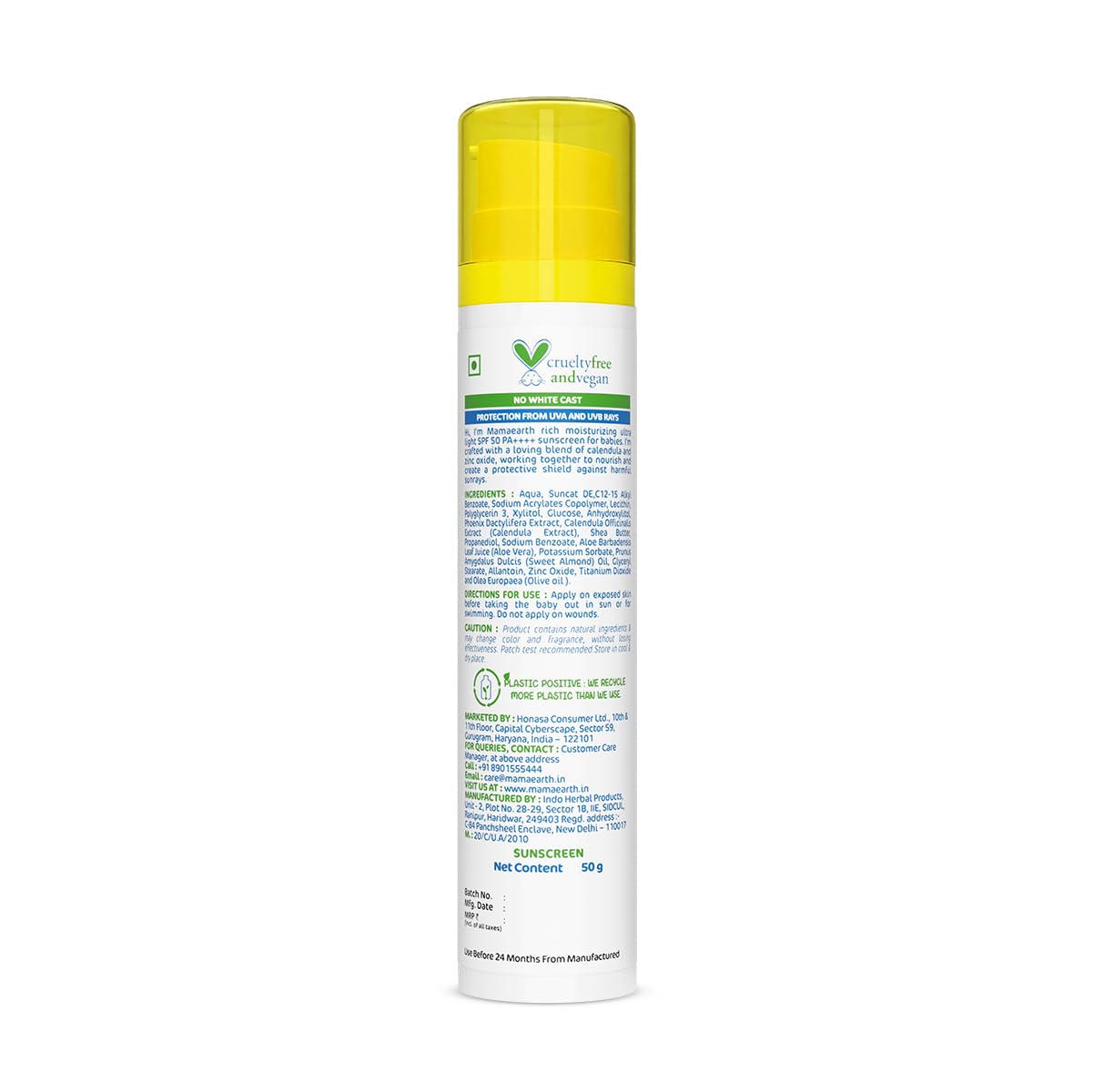 Mamaearth Moisturizing Ultra Light SPF 50 Baby Sunscreen with PA++++ | Broad Spectrum Protection for 0-10 Years - 50g