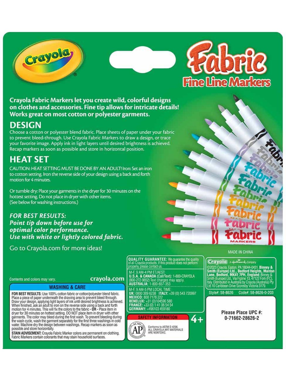 Crayola Fabric Markers, Fine Line, 10 Count