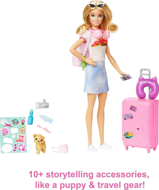 Barbie Malibu Doll & Accessories, Travel Set with Puppy