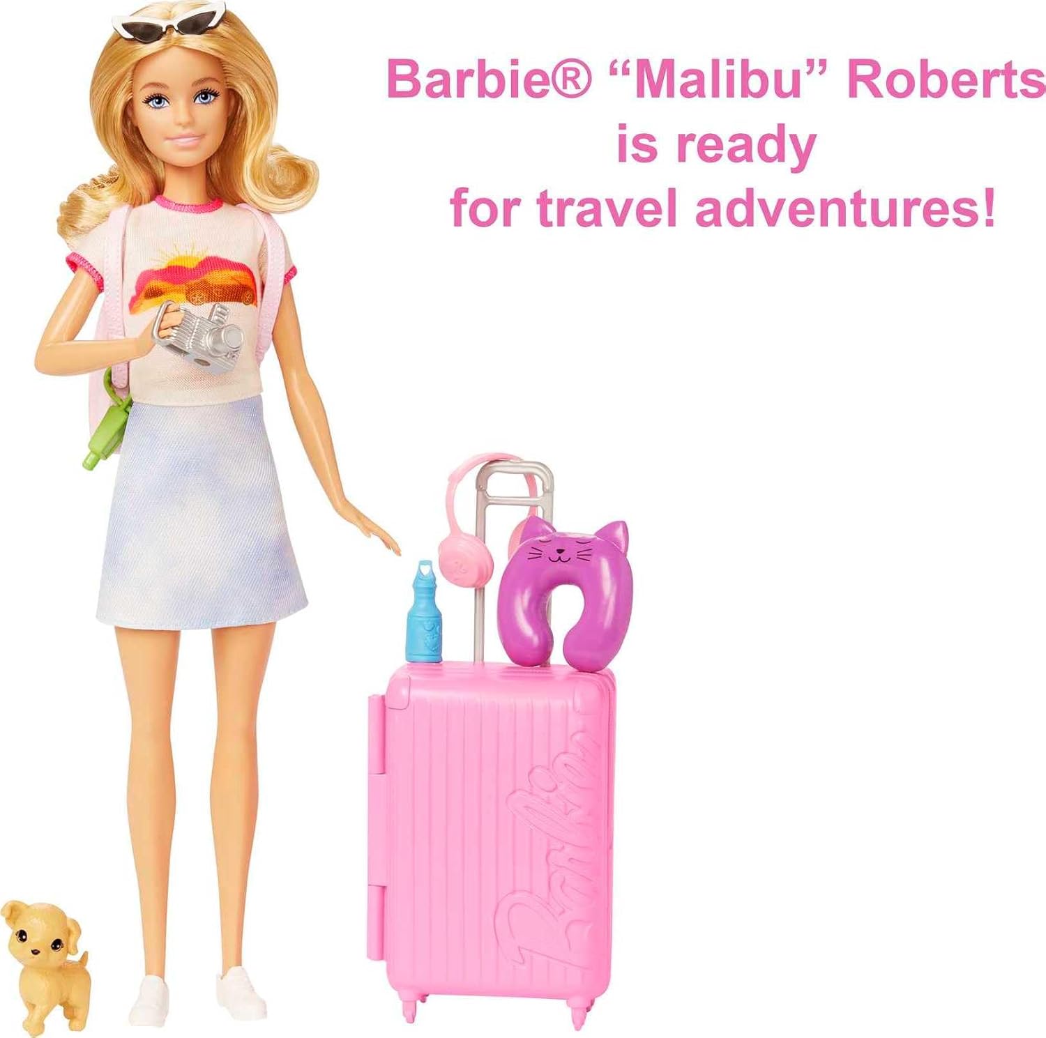 Barbie Malibu Doll & Accessories, Travel Set with Puppy