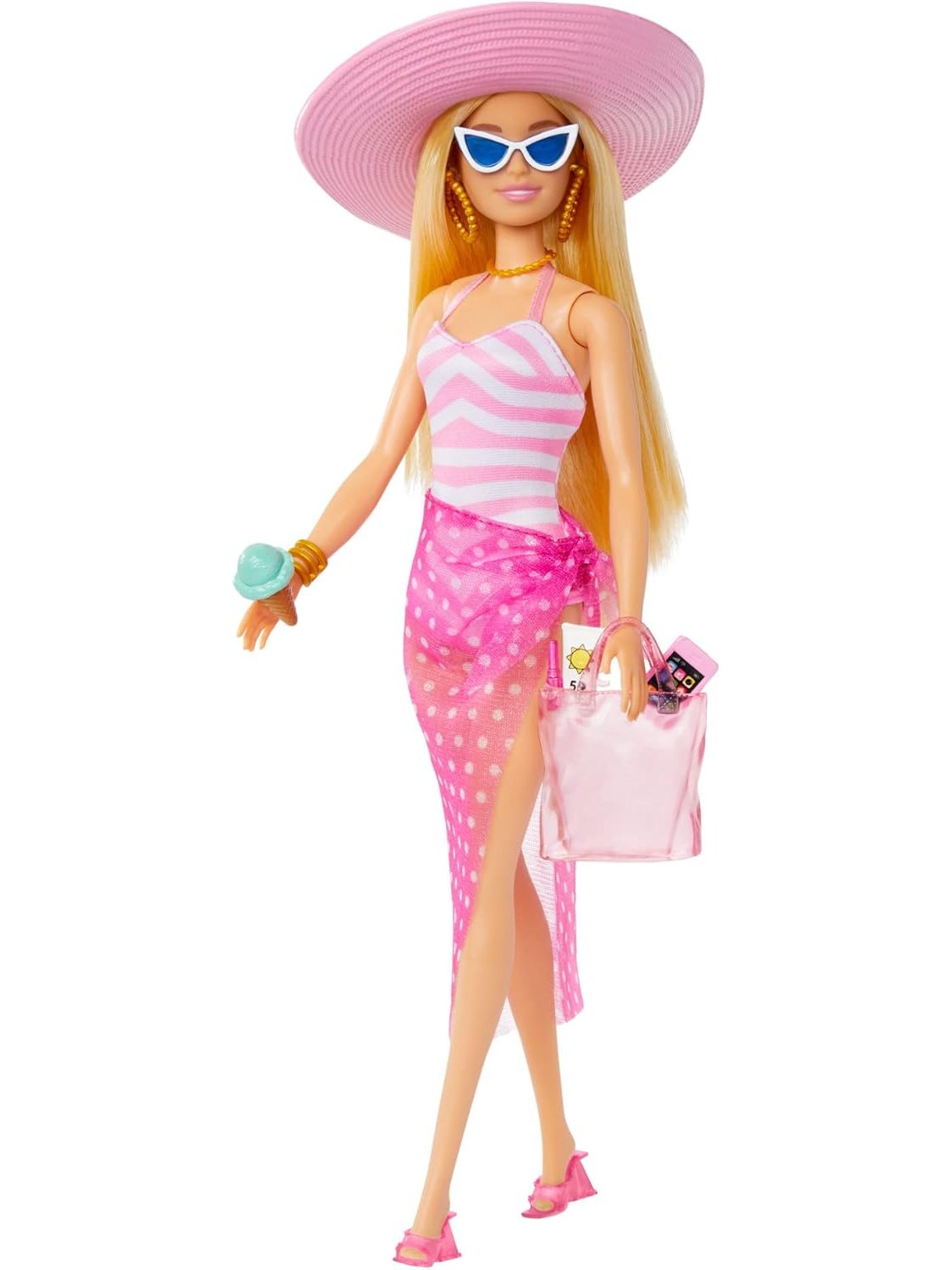 Blonde Barbie Doll with Pink and White Swimsuit