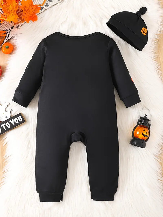 Round Neck Halloween Print Bodysuit with Hat for Baby Boys and Girls