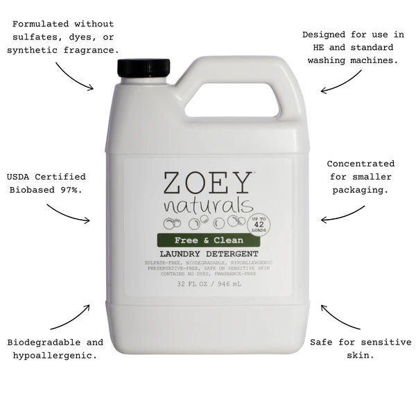 Zoey Naturals Free & Clean Laundry Detergent - 32 oz / 946 ml / up to 42 loads