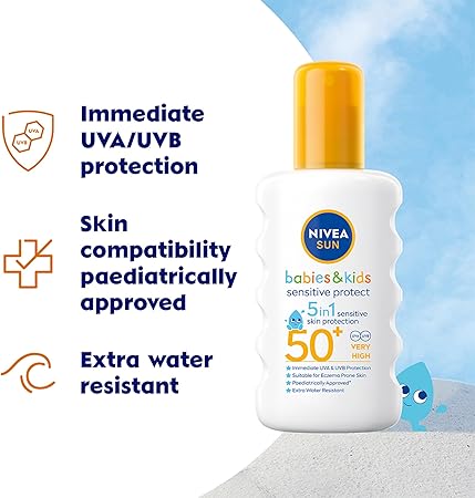 NIVEA SUN Kids Sensitive Spray SPF50+ Sunscreen, Sun Protection - 200ml