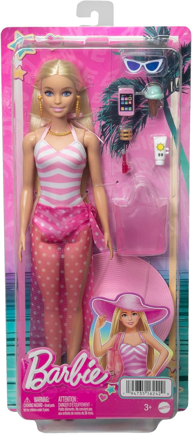Blonde Barbie Doll with Pink and White Swimsuit