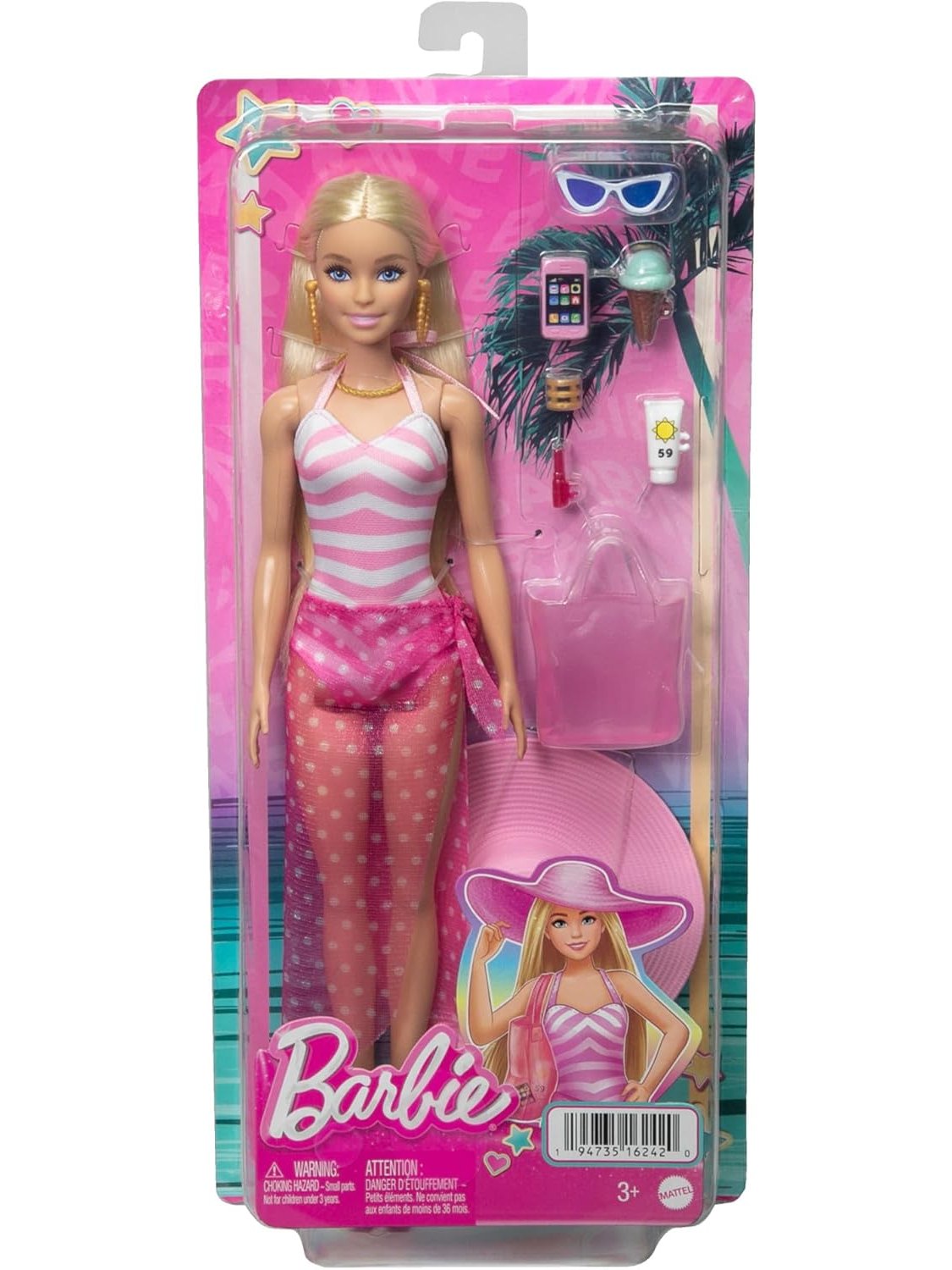 Blonde Barbie Doll with Pink and White Swimsuit