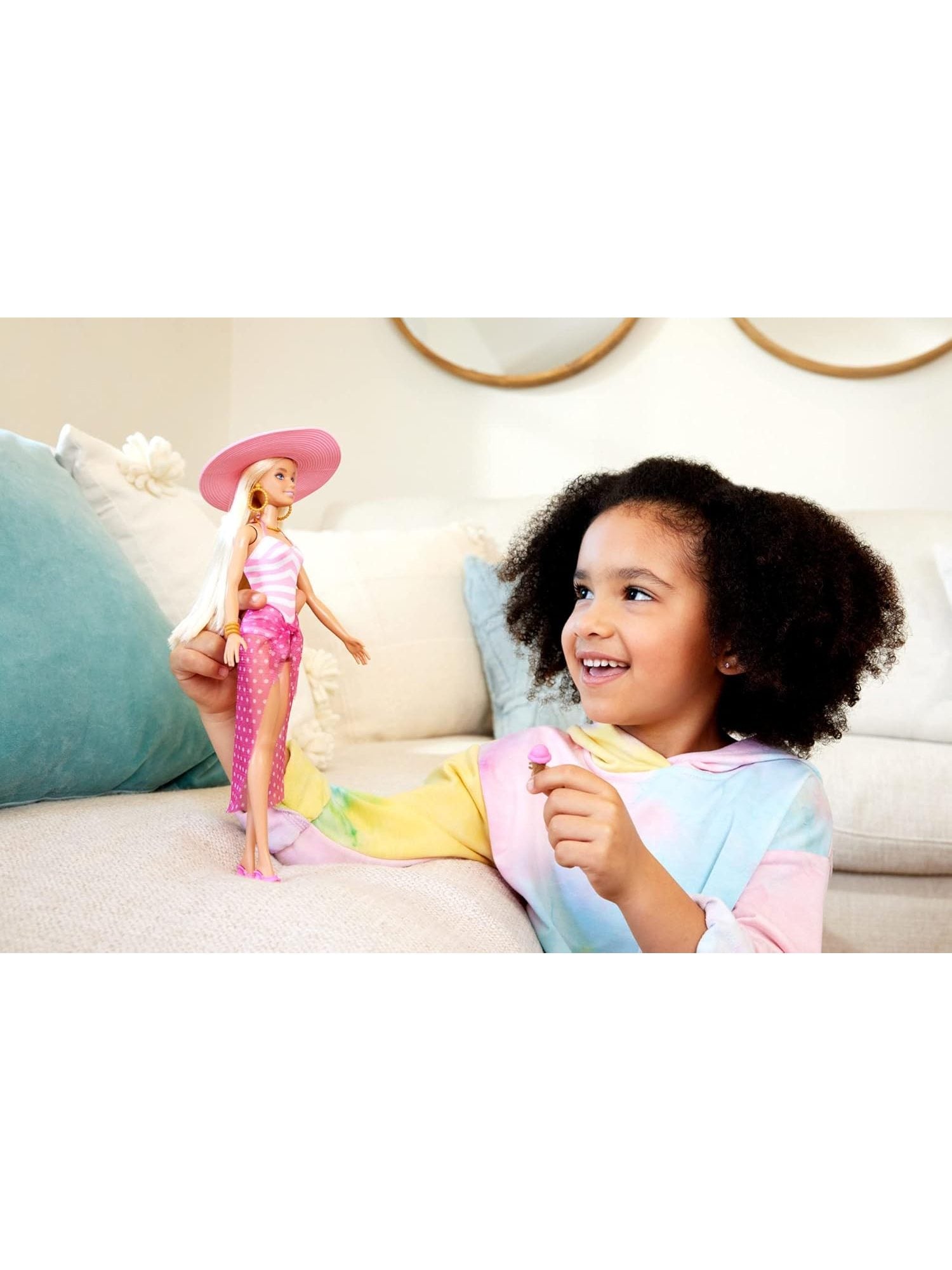 Blonde Barbie Doll with Pink and White Swimsuit