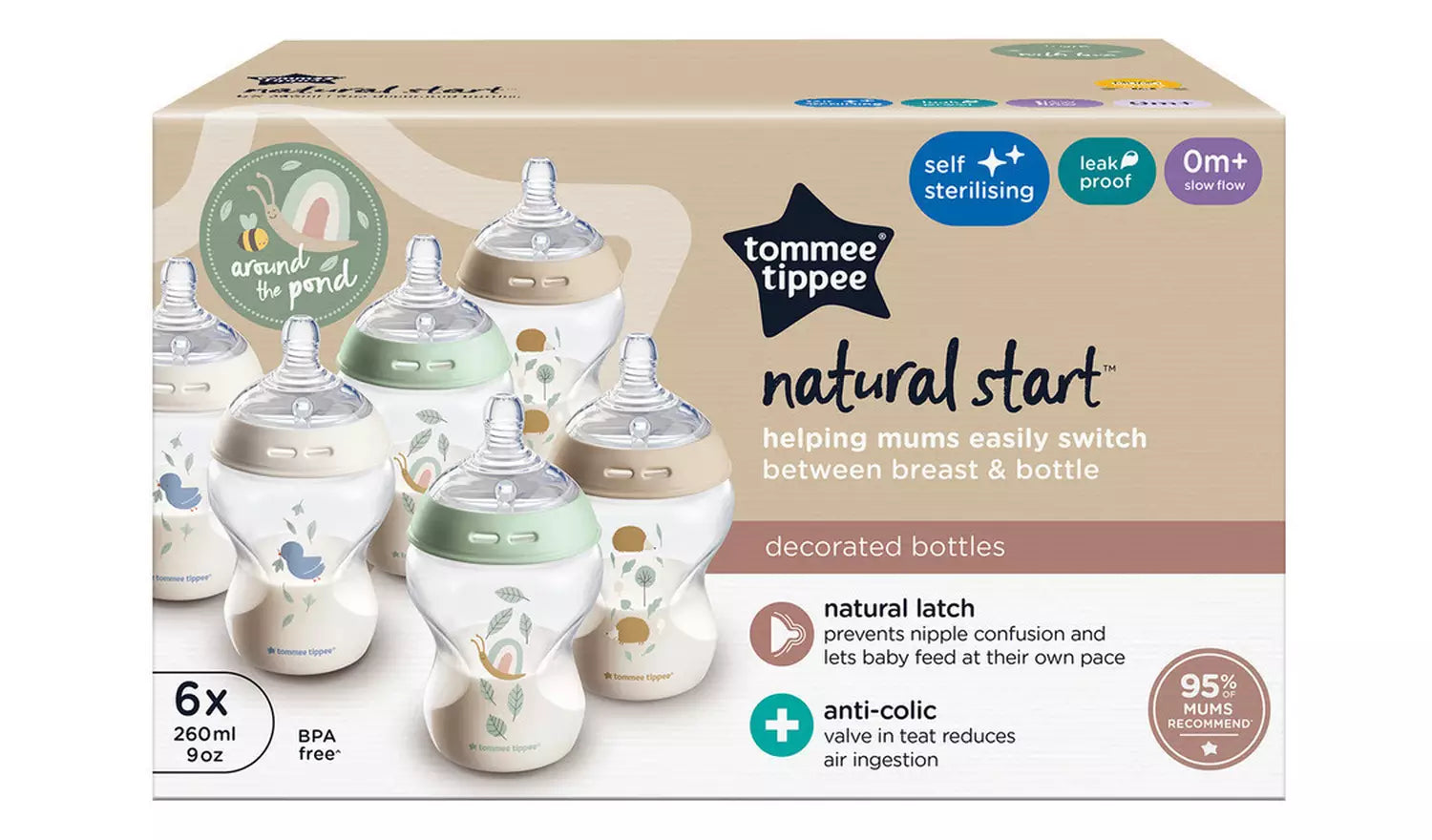 Tommee Tippee 6x 260ml Anti-colic Baby Bottles - Nude and Green