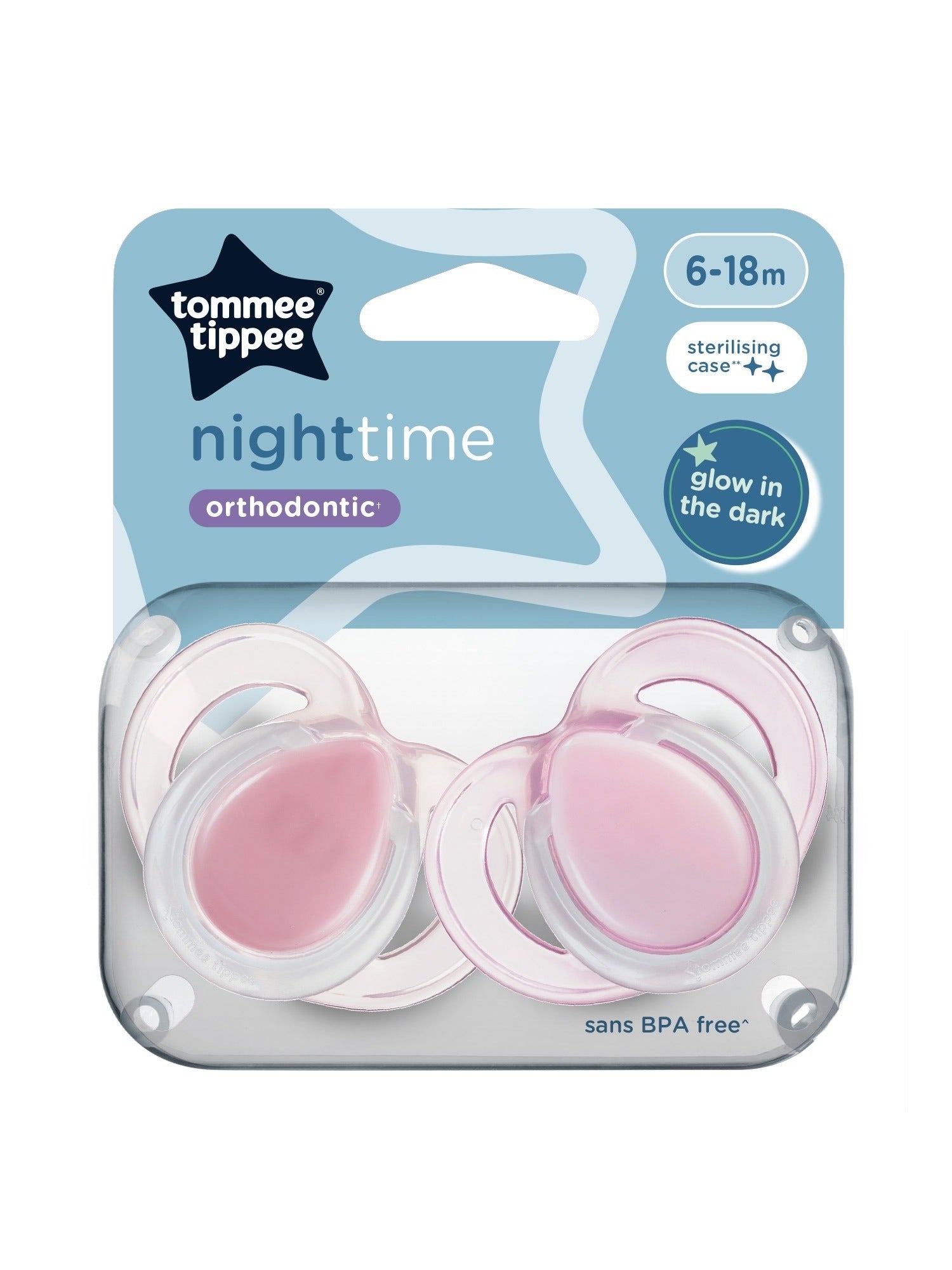 Pink Tommee Tippee Night Time Soothers 6-18m x2