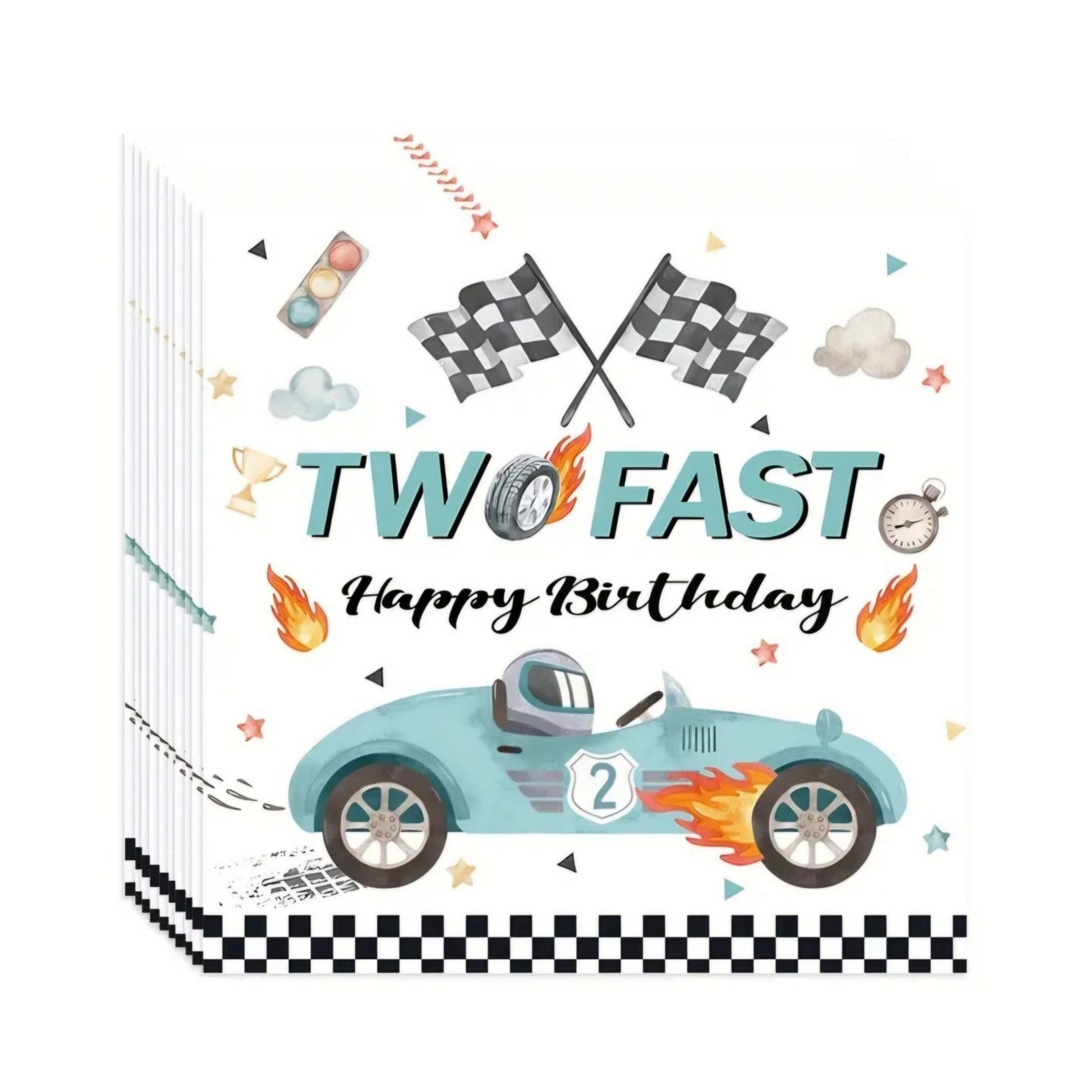 Two Fast Happy Birthday Race Car Paper Napkins - 40 pcs (Green)