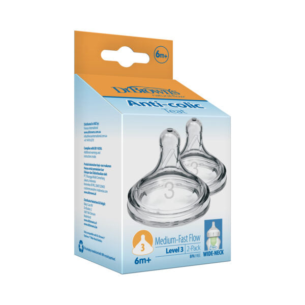 Dr Brown’s Natural Flow® Level 3 Wide-Neck (Medium-Fast Flow) Anti-Colic Teat - 2-Pack (6m+)