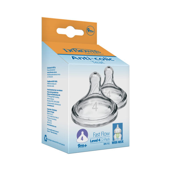 Dr Brown’s Natural Flow® Level 4 Wide-Neck (Fast Flow) Anti-Colic Teat - 2-Pack (9m+)