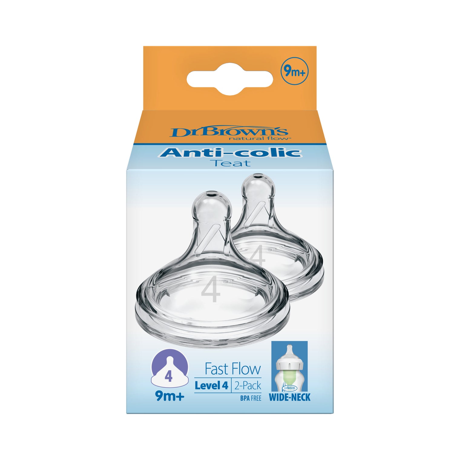 Dr Brown’s Natural Flow® Level 4 Wide-Neck (Fast Flow) Anti-Colic Teat - 2-Pack (9m+)