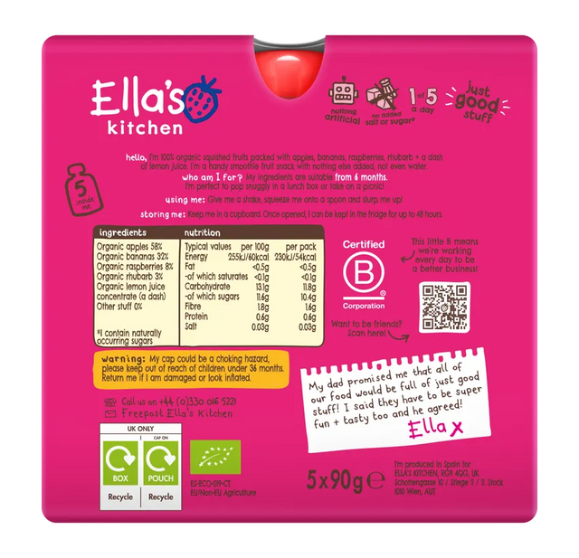 Ella's Kitchen the Pink One Organic Squished Smoothie Fruits From 6months - 5 x 90g
