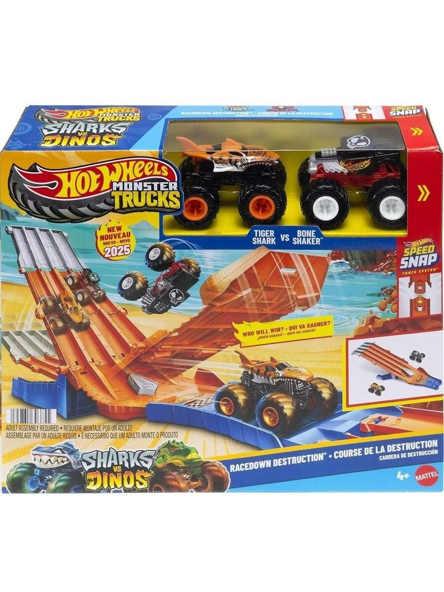 Hot Wheels Monster Trucks Sharks v Dinos Racedown Destruction