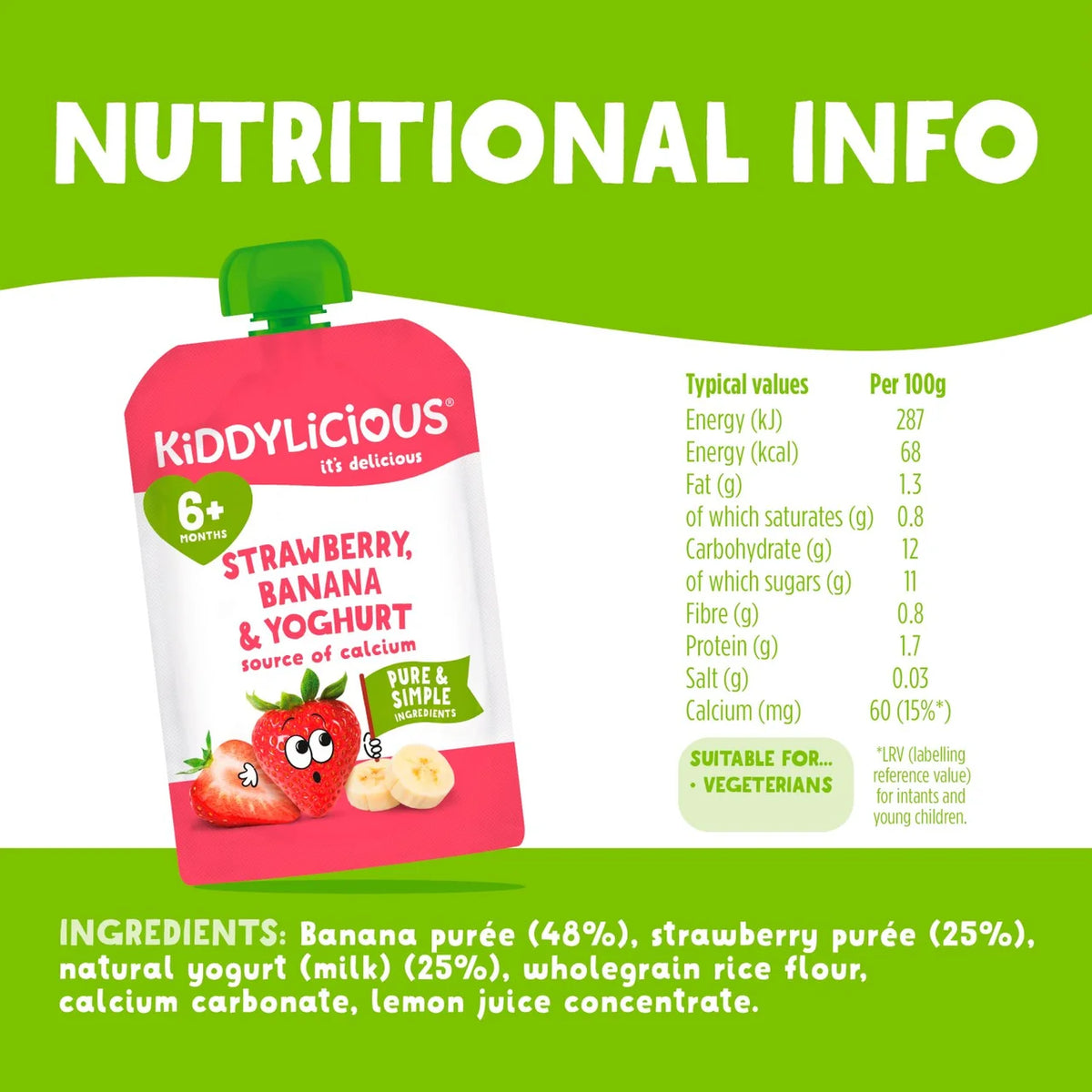 Kiddylicious Strawberry, Banana & Yoghurt Pouch From 6Months - 100g
