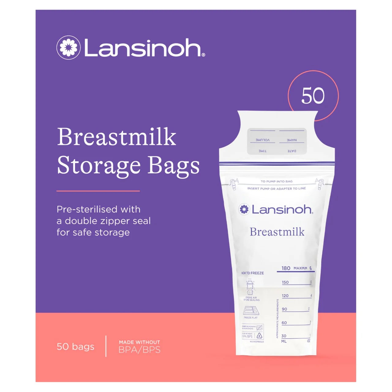 Lansinoh Breast Milk Storage Bags Breastmilk Pouches for Fridge - 50pcs