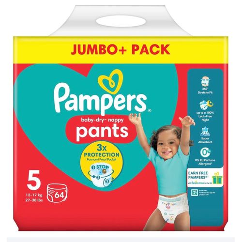Pampers Baby-Dry Nappy Pants Size 5, 12kg-17kg, Jumbo+ Pack, 64-Pack