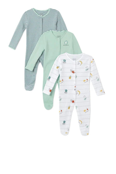 Mamas and Papas 3-in-1 Sleepsuits - 0-3m - Green and White(Stripe), Green, and White