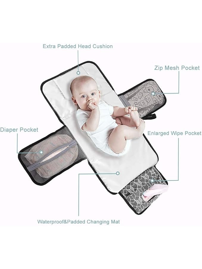 Portable Travel Nappy Changing Mat with Wipe-Pocket and Head Cushion (Grey)