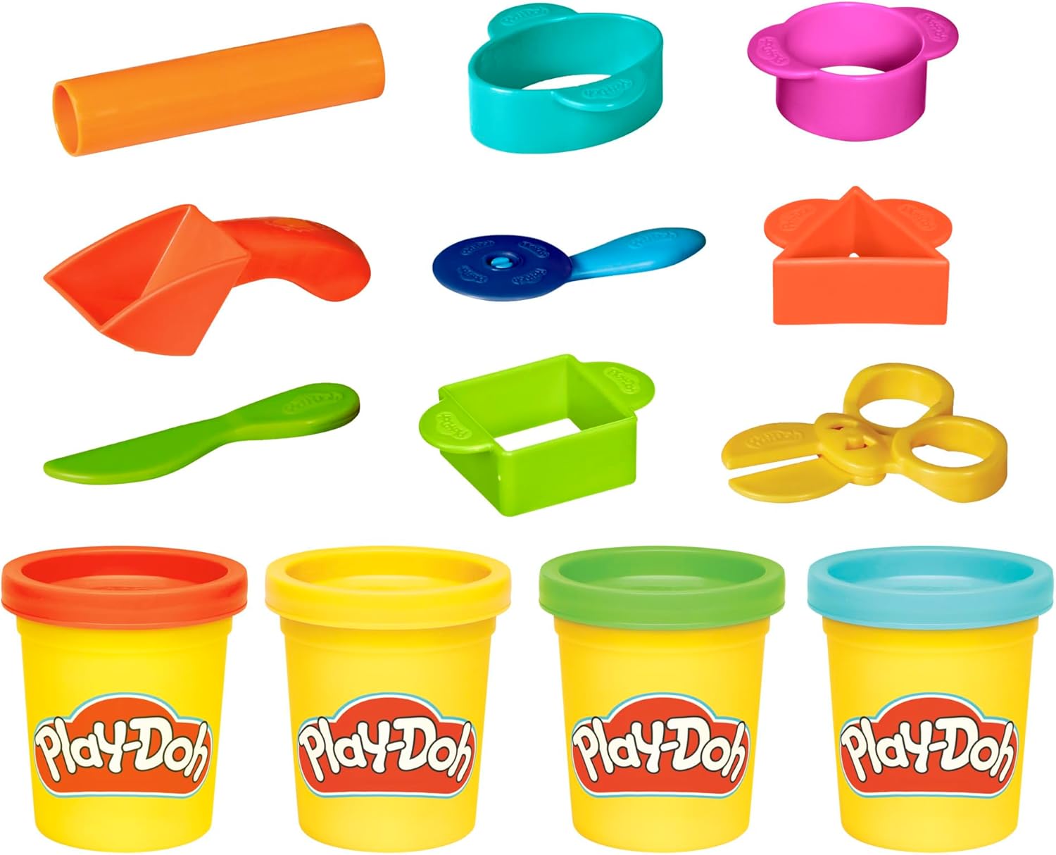 Play-Doh Starter Set, 9 Accessories, 4 Cans with Blue, Green, Red, and Yellow Modeling Compound & Travel