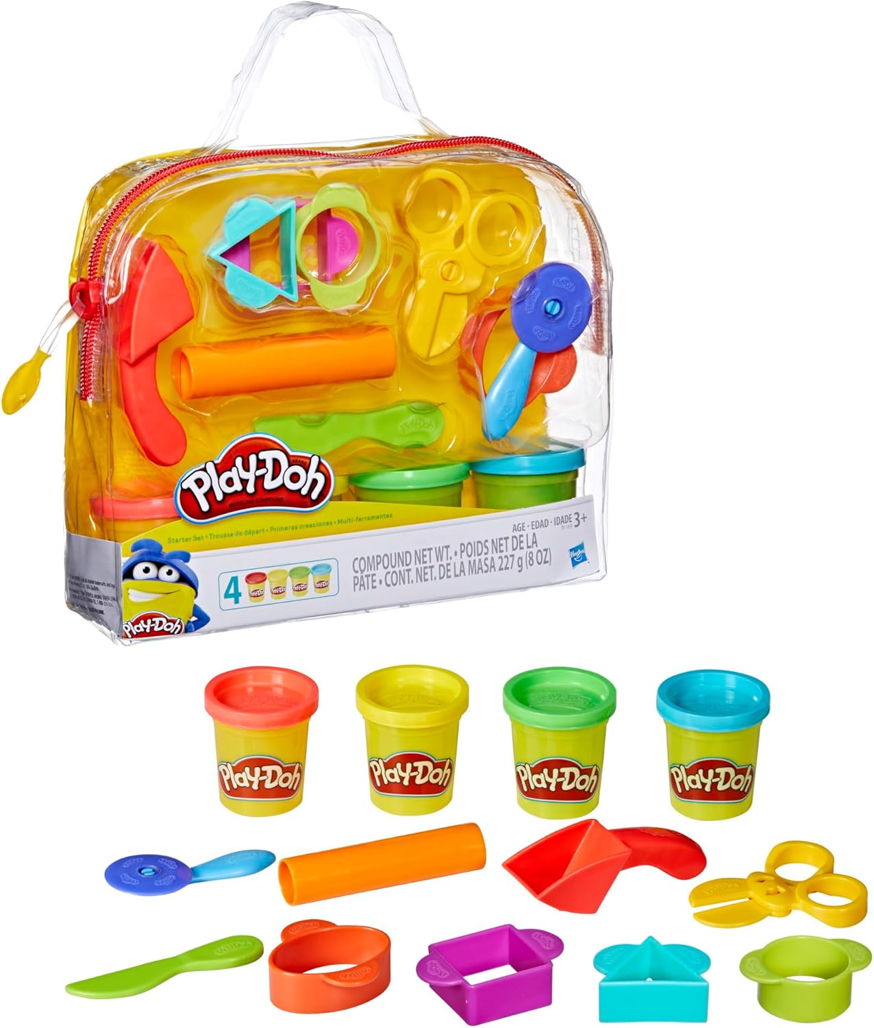 Play-Doh Starter Set, 9 Accessories, 4 Cans with Blue, Green, Red, and Yellow Modeling Compound & Travel