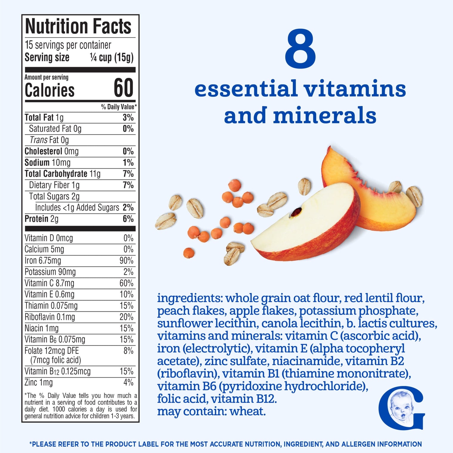Gerber Oatmeal & Fruit - Lentil Peach & Apple with Probiotic Oatmeal Cereal 8 oz(227g) - 12Months+