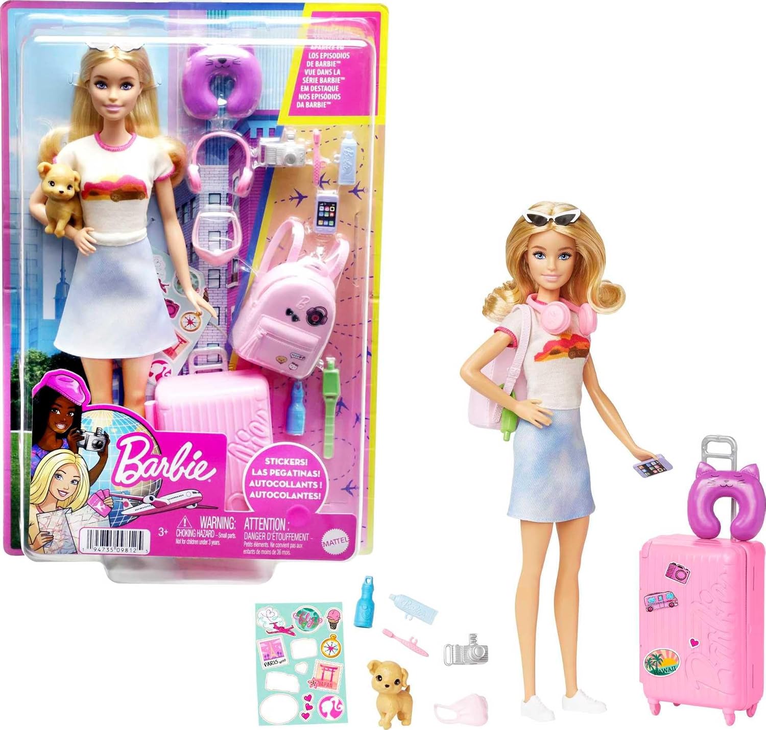 Barbie Malibu Doll & Accessories, Travel Set with Puppy
