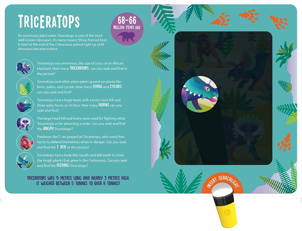 ⁠Dinosaurs (Seek & Find - Searchlight Books) with lift-the-flaps and jaw-tastic facts! - Kit Elliot, Amanda Shufflebotham (Hardcover)