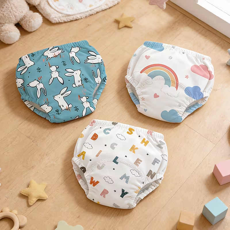 3pcs Training Underpants(Gray Rabbit + Pink Cloud + Letter) with Soft Cute Cartoon Patterns