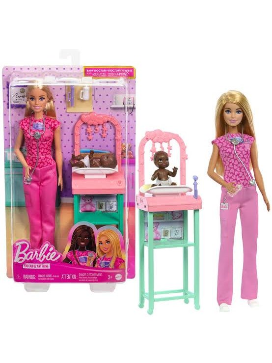 Barbie Baby Doctor with Brunette Fashion Doll Wearing Pink Scrubs, 1 Baby Doll with Accessories & Furniture