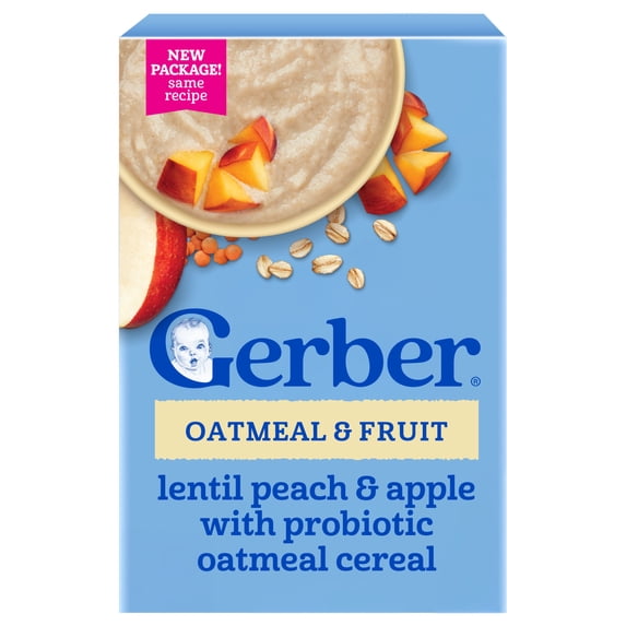 Gerber Oatmeal & Fruit - Lentil Peach & Apple with Probiotic Oatmeal Cereal 8 oz(227g) - 12Months+