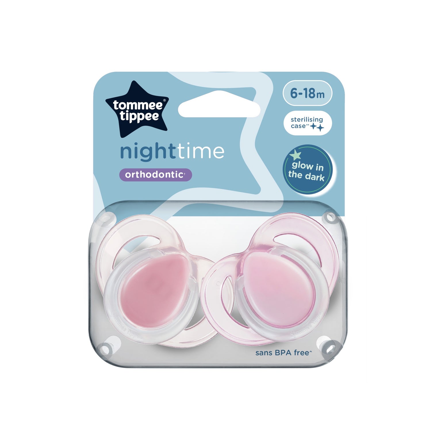 Pink Tommee Tippee Night Time Soothers 6-18m x2