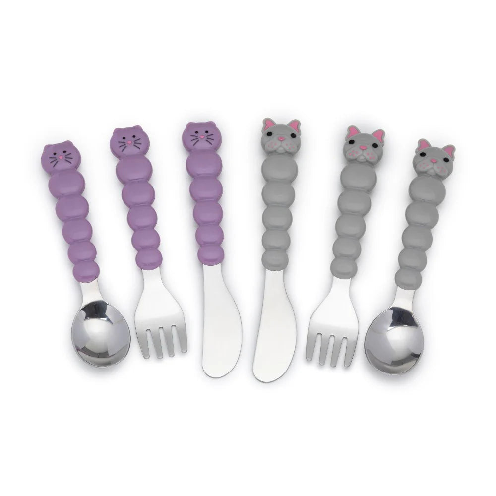Melii Kids Utensil Set for Kids -Cat & Bulldog Design (6 pieces)