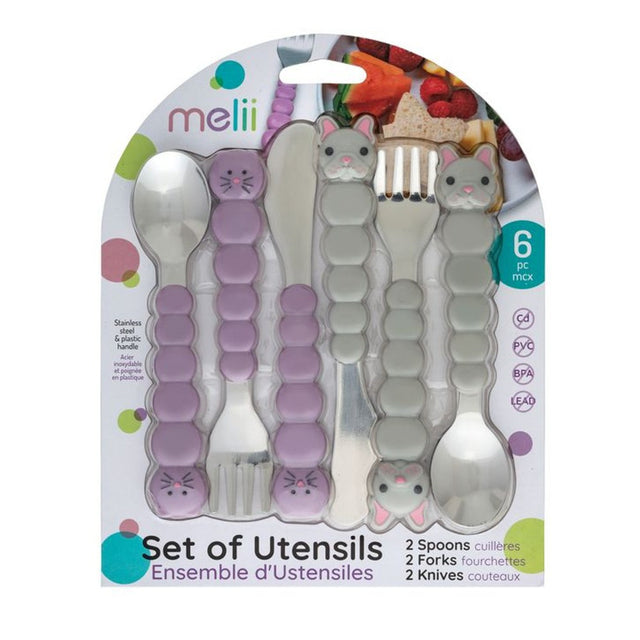 Melii Kids Utensil Set for Kids -Cat & Bulldog Design (6 pieces)