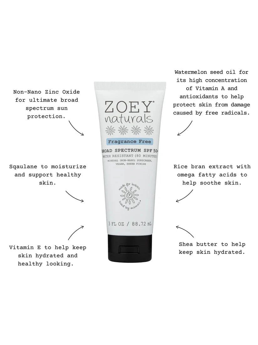 Zoey Naturals SPF 50+ Sheer Finish Mineral Sunscreen Fragrance Free Cream - 88.29ml