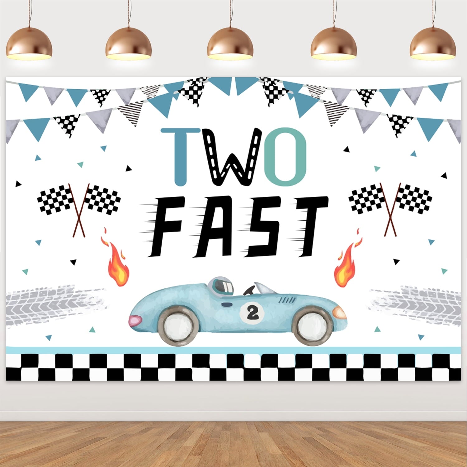 Two Fast Race Car 2nd Birthday Party Backdrop Banner