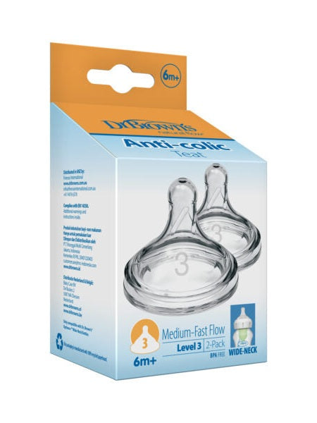 Dr Brown’s Natural Flow® Level 3 Wide-Neck (Medium-Fast Flow) Anti-Colic Teat - 2-Pack (6m+)