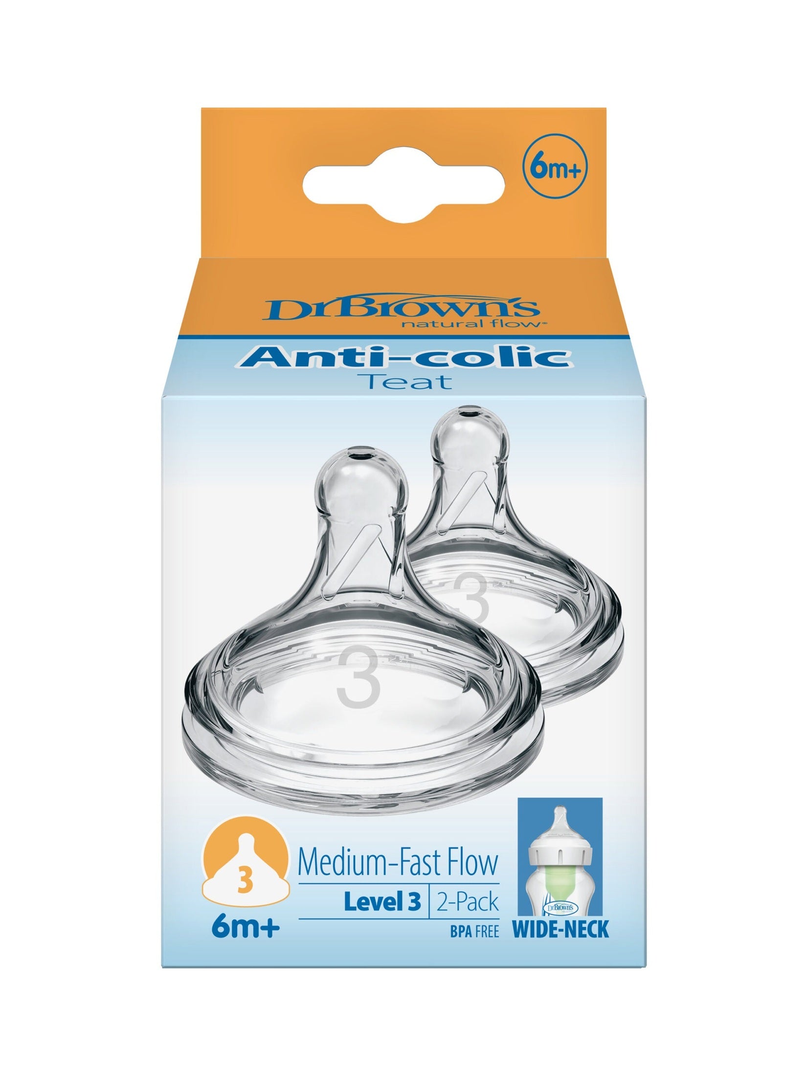 Dr Brown’s Natural Flow® Level 3 Wide-Neck (Medium-Fast Flow) Anti-Colic Teat - 2-Pack (6m+)