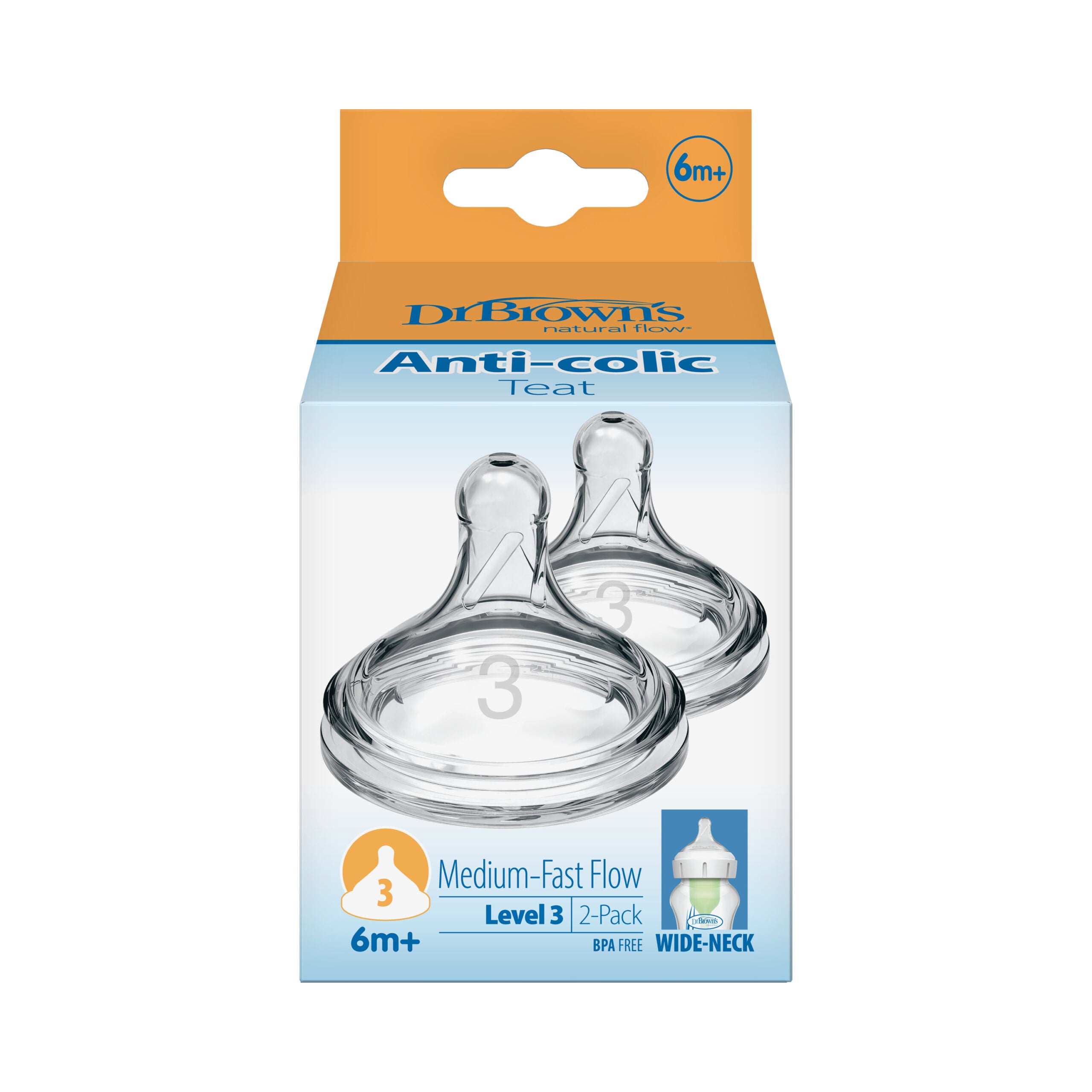 Dr Brown’s Natural Flow® Level 3 Wide-Neck (Medium-Fast Flow) Anti-Colic Teat - 2-Pack (6m+)