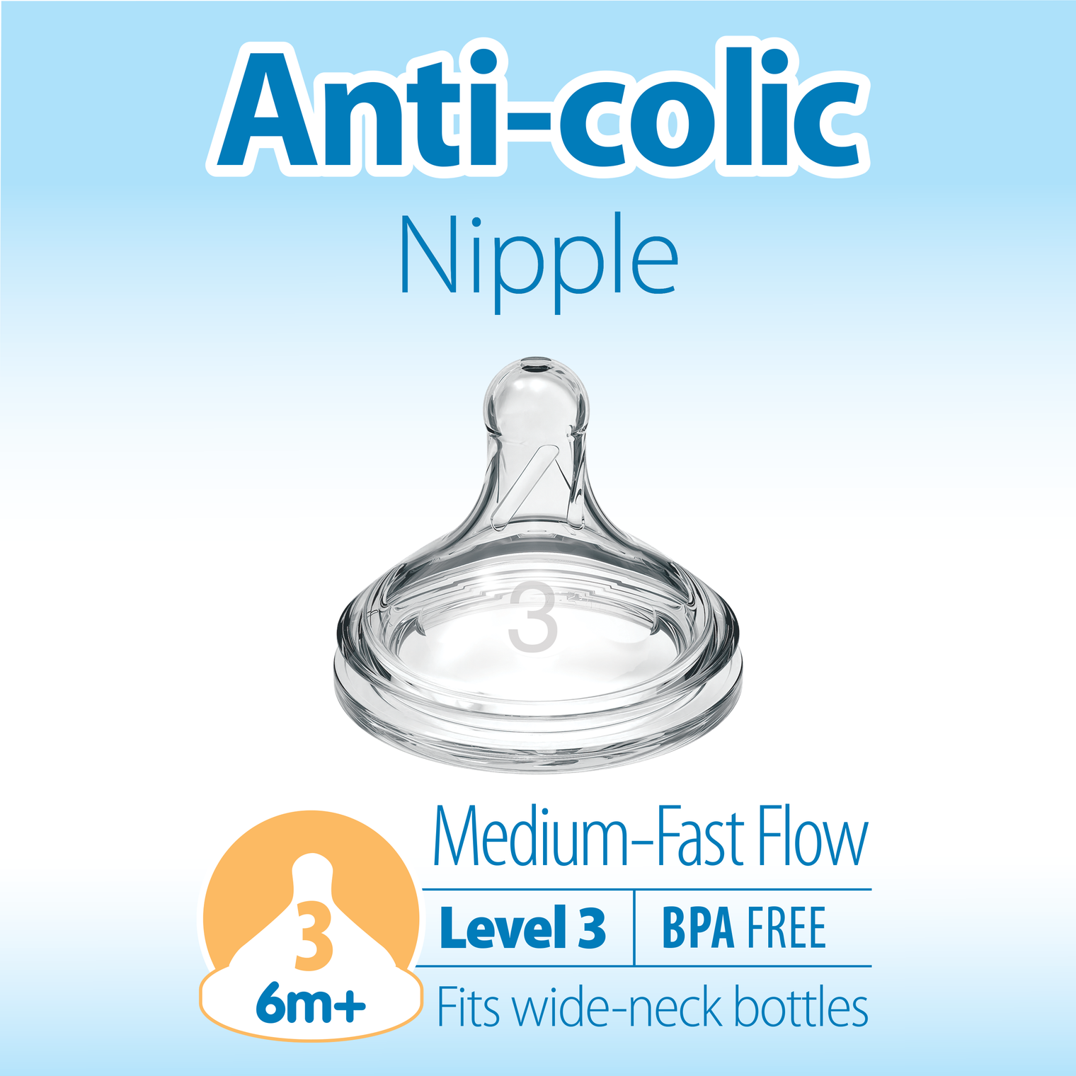 Dr Brown’s Natural Flow® Level 3 Wide-Neck (Medium-Fast Flow) Anti-Colic Teat - 2-Pack (6m+)
