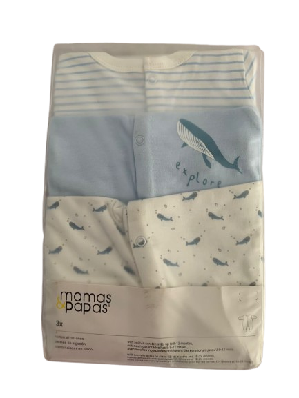Mamas and Papas 3-in-1 Sleepsuits - 0-3m - Shark