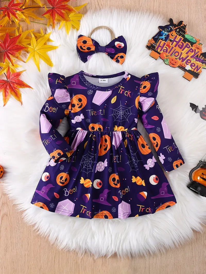 Halloween Pumpkin Pattern Ruffled Long Sleeve Dress & Headwear for Kids (2-3Y)