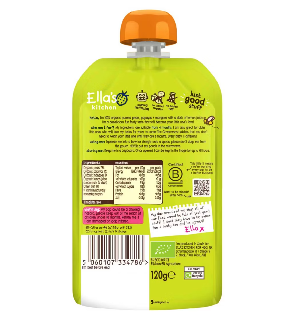 Ella's Kitchen Organic Mangoes, Pears and Papaya Baby Food Pouch 4+ Months 120g