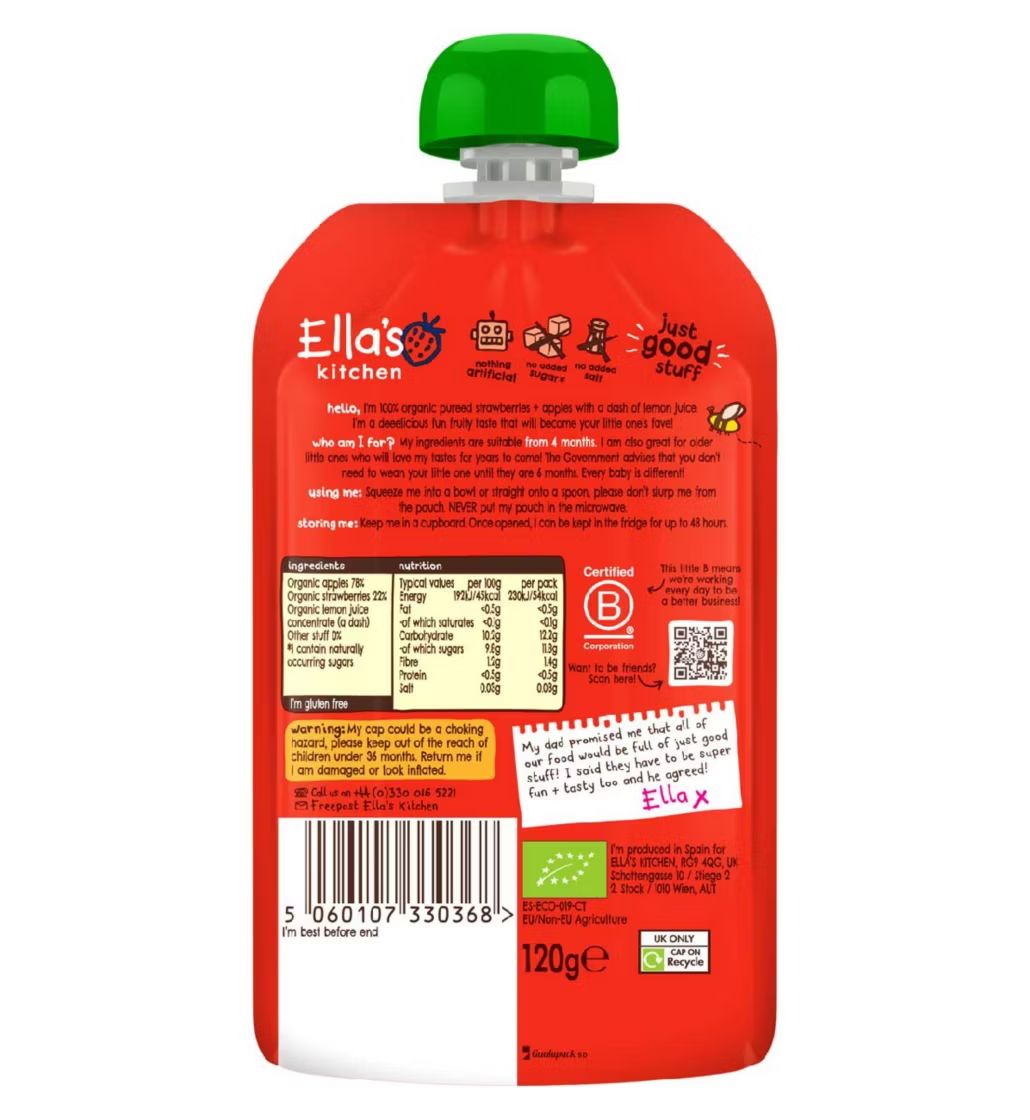 Ella's Kitchen Organic Strawberries and Apples Baby Food Pouch 4+ Months 120g