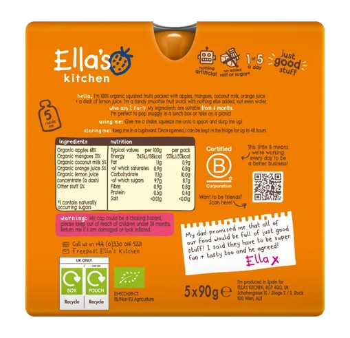 Ella's Kitchen the Orange One Organic Squished Smoothie Fruits From 6months - 5 x 90g