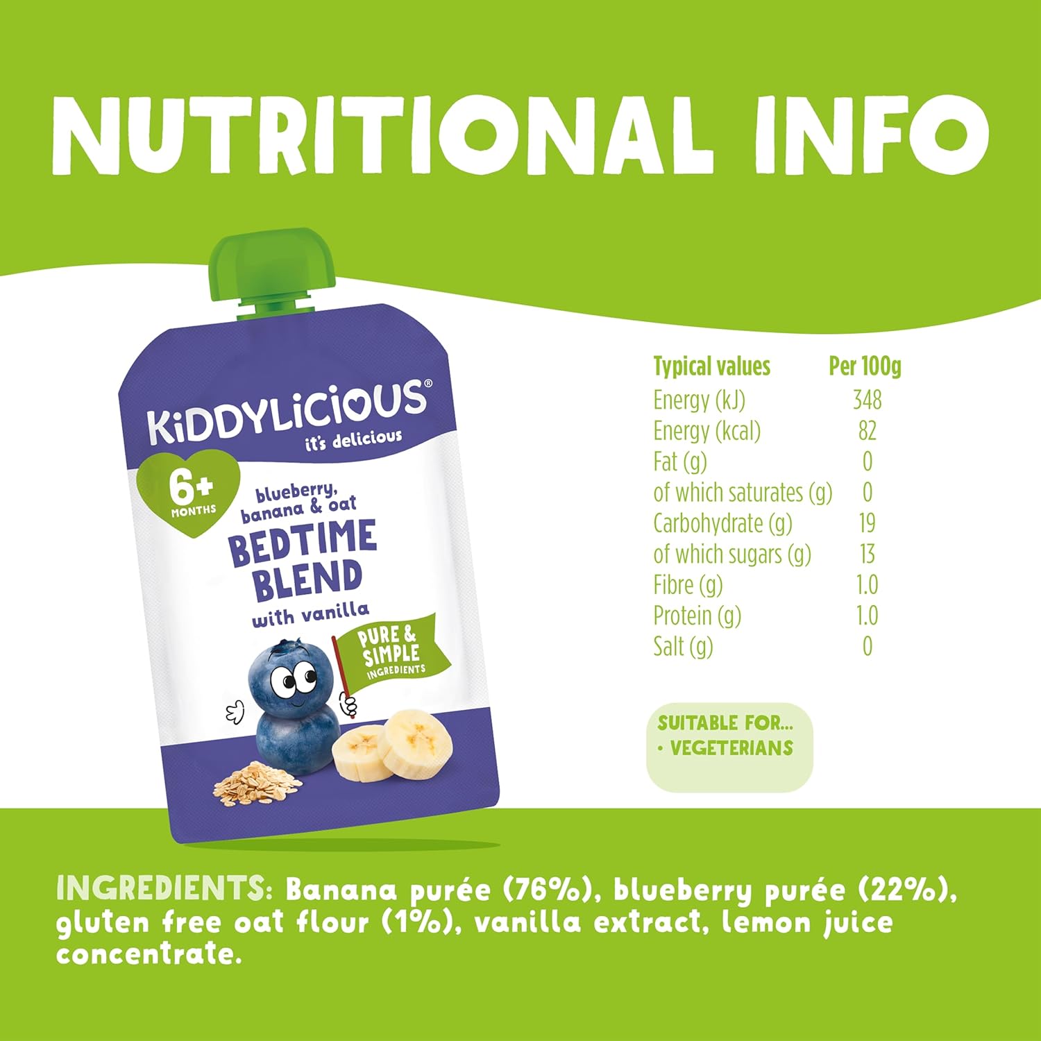 Kiddylicious Blueberry, Banana and Oats Bedtime blend with Vanilla -100g