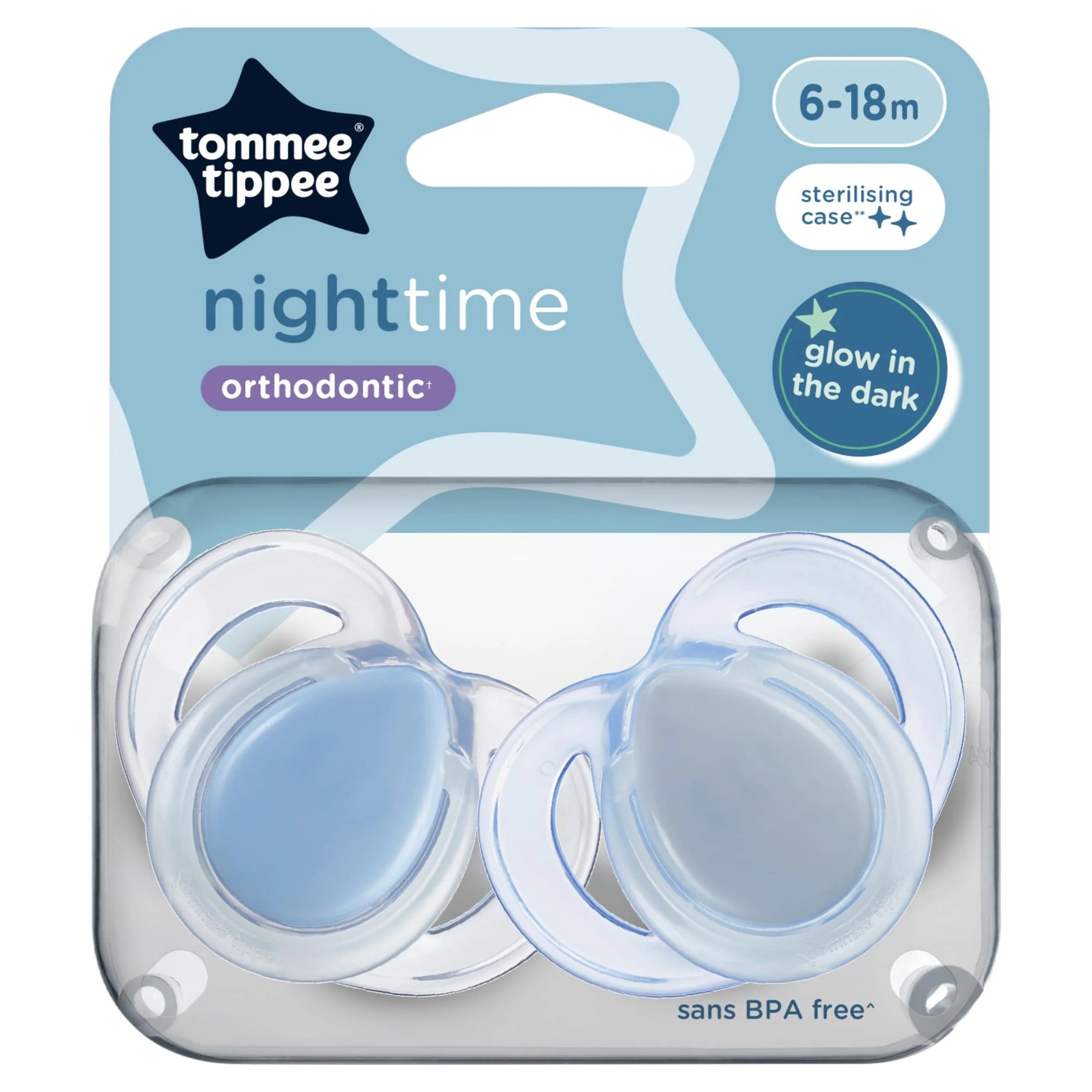 Tommee Tippee Blue Nighttime Orthodontic Soothers, Glow In The Dark, 6-18m